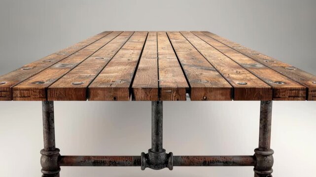 Rustic Table with Pipe Legs: This image captures a vintage wooden table with industrial pipe legs, showcasing a blend of rustic charm and functional design.