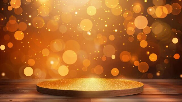 Golden Stage of Celebration: A spotlight shines on an empty wooden stage, illuminated by a mesmerizing display of golden bokeh, creating an atmosphere of anticipation and grand celebration.