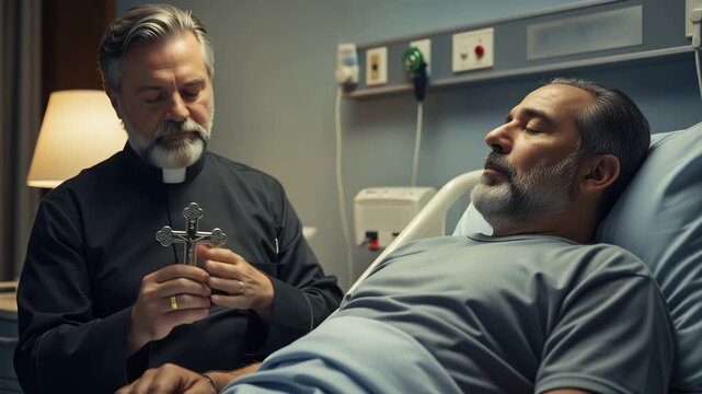 Priest praying with a sick man in a hospital bed. Clergyman holding a crucifix and offering spiritual support to a patient. Faith and healing concept