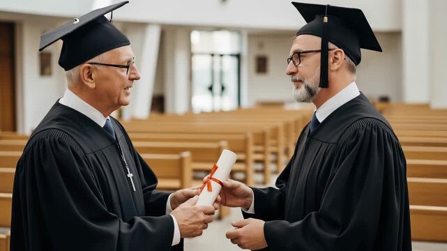 Senior men in academic regalia during a graduation ceremony. One man presenting a diploma to a colleague in a church or chapel. Lifelong learning and religious education concept