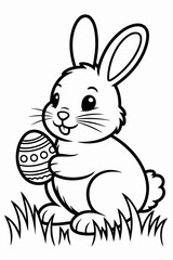 Fototapeta premium A cheerful rabbit is sitting happily holding an Easter egg.