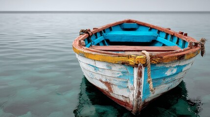 Obraz premium A small boat is floating in the ocean with a blue and yellow stripe. The boat is old and has a worn appearance. The water is calm and the sky is overcast