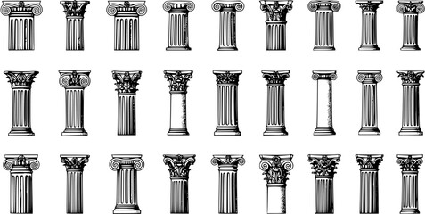 Naklejka premium Set of various classical ancient Greek and Roman architectural columns and pillars showing different styles and orders, hand-drawn vector illustration.