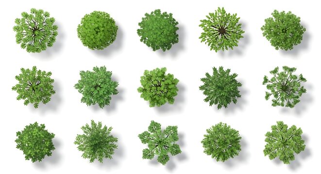 Various green round trees top view with shadows isolated on white for architectural plans and landscaping design