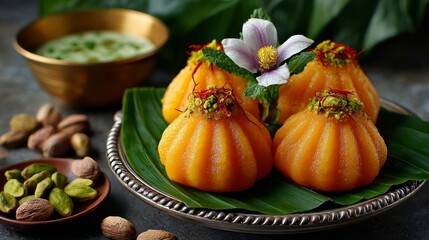 A plate of small orange pastries with green leaves on top. The plate is on a table with a bowl of green sauce
