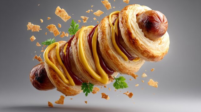 A hot dog is covered in mustard and cheese and is surrounded by crumbs. The hot dog is in the air, giving the impression of it being thrown or tossed