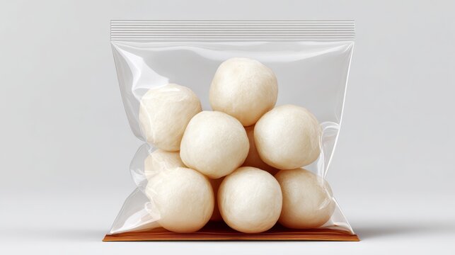 A bag of white balls is sitting on a table. The balls are in a plastic bag and are all the same size