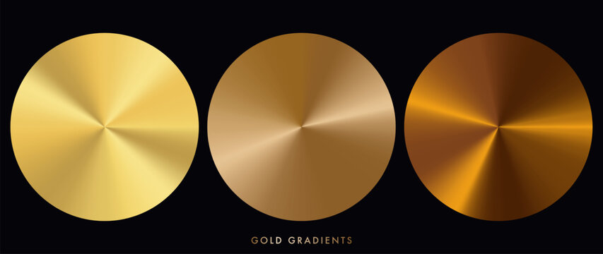 Set of 3 gold radial gradient backgrounds in different golden tones, from soft champagne to rich warm gold. Glossy circular light transitions, smooth foil texture, metallic shine. Luxury backdrops
