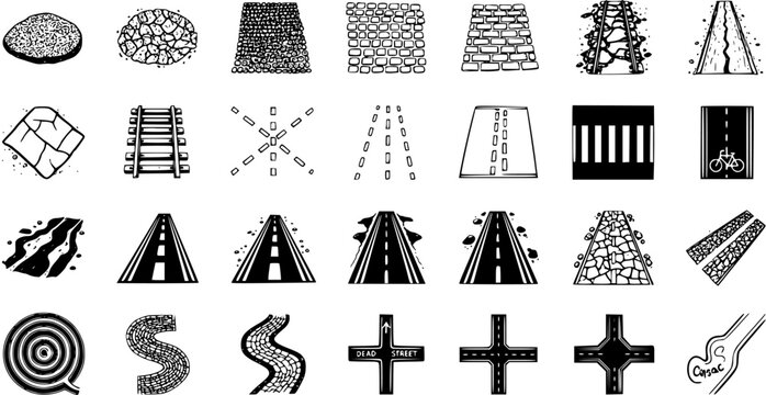 Hand-Drawn Black  White Road  Path Icons Set. Sketchy Map Elements Featuring Pavement, Gravel, Railroad, Crosswalk, Intersections, Terrain Textures  More.