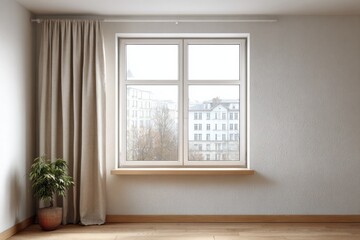 Fototapeta premium Neutral colored room interior features a tall window overlooking city buildings with a potted plant beside drapery