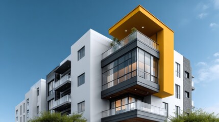 Obraz premium A tall building with a yellow and black facade. The building has a glass facade and a balcony