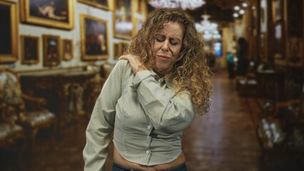 Fototapeta premium Middleaged hispanic woman holding shoulder with pained grimace in ornate museum building corridor gallery with framed paintings and chairs; pain.
