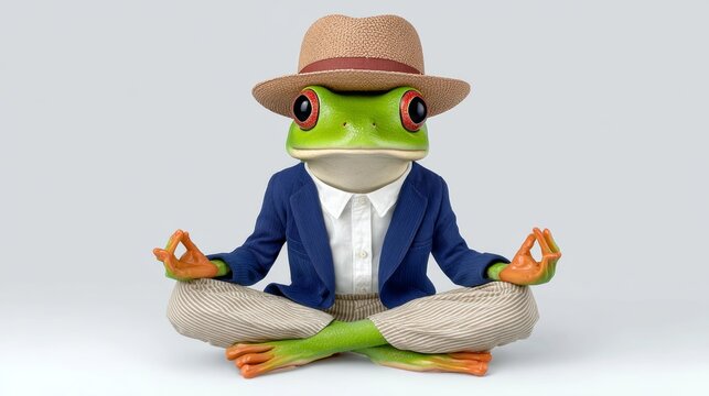 A frog wearing a hat and a blue jacket is sitting in a cross legged position. The frog is looking at the camera