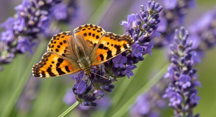 Obraz premium Butterfly Perched on Lavender Flower in a Garden Close up View