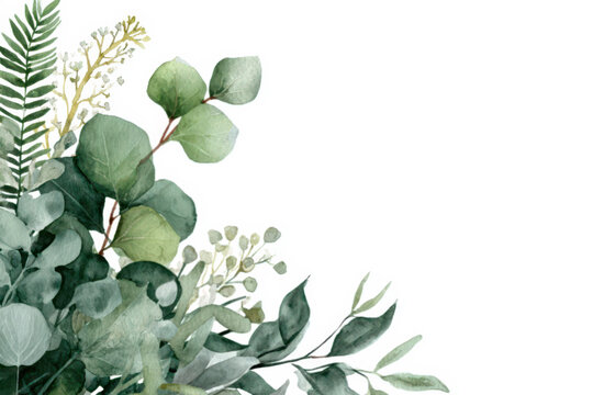 Soft sage green foliage in watercolor arranged in an L-shaped corner composition