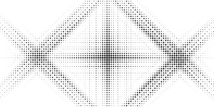 Abstract black halftone circular cross pattern background with symmetrical radial dot design, modern geometric texture on white backdrop