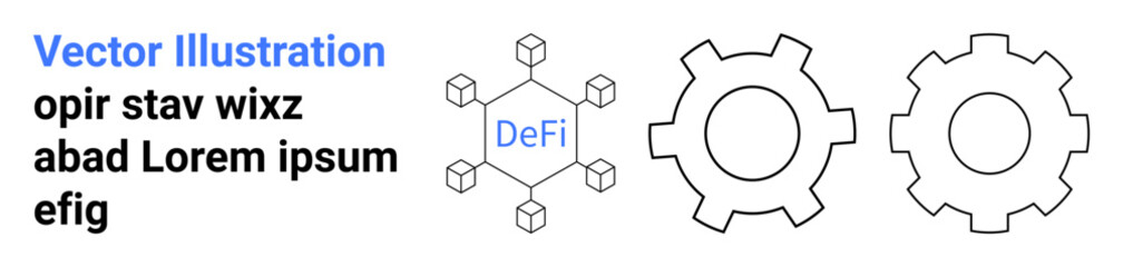 Blockchain-style network with DeFi central node connected to smaller hexagons, accompanied by two outlined cogwheels. Ideal for fintech, decentralization, innovation, teamwork, technology