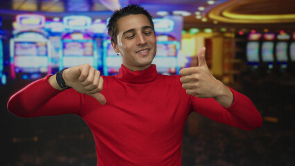 Fototapeta premium Young man at a casino giving mixed thumbs up and down gestures, surrounded by colorful slot machines in a lively indoor setting, showcasing decision and luck.