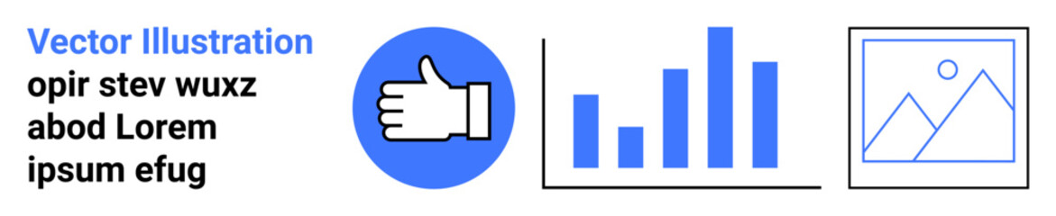 Obraz premium Digital marketing, social media analytics, data visualization, design elements, presentation assets, website icons. Thumbs-up symbol, bar chart and photo frame illustration. Social media and data