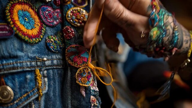 Closeup medium shot of hands sewing colorful embroidered patches onto denim jacket highlighting intricate thread details and craftsmanship.