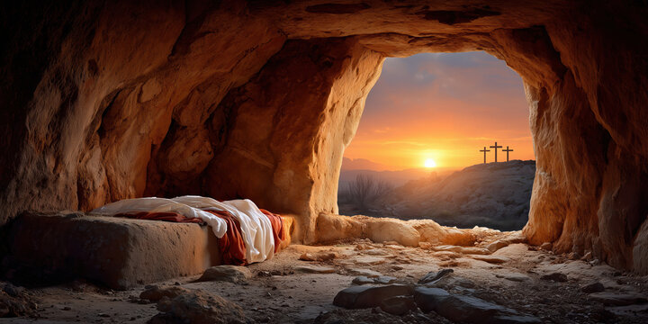 Easter morning dawns over the empty tomb symbolizing the resurrection of Jesus Christ in a serene landscape