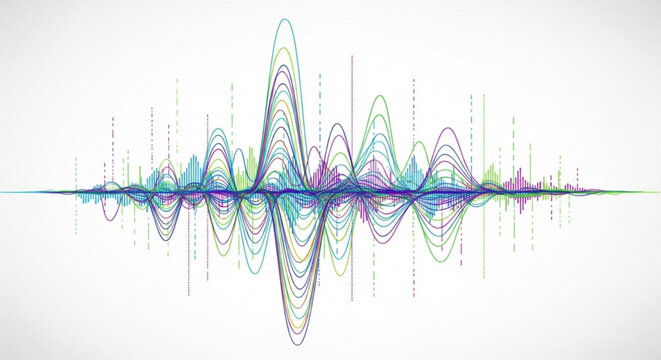 A colorful vector graphic illustration of a sound wave design with multiple oscillating lines in various colors on a white background