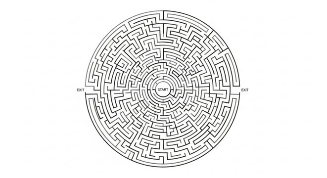 A circular maze with a complex path and multiple turns in a simple black and white design