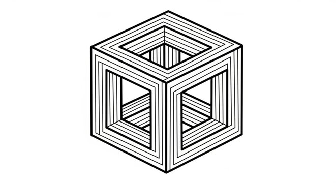 A minimalist vector graphic illustration of a cube with a paradoxical impossible geometry design