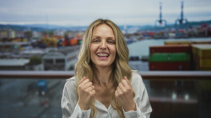 Woman with clenched fists smiling at a port while a young blonde stands on a boat by the seaside outdoors celebrating success. © Krakenimages.com
