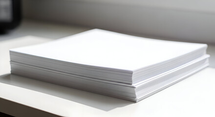 Stack of white paper rests on a windowsill, illuminated by natural light, suggesting simplicity and potential for creativity in a bright, minimalist setting.