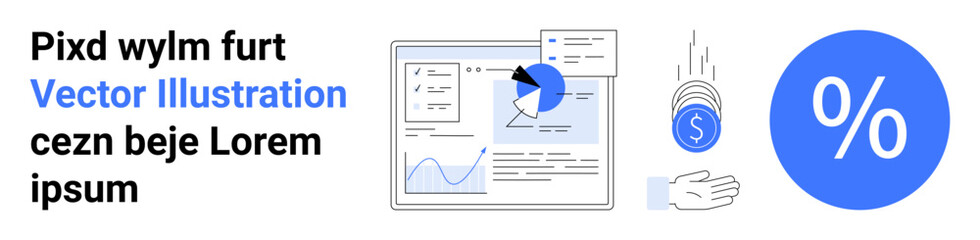 Business analysis, data visualization, financial strategy, economic growth, investment, decision-making. Includes charts, coins and a percentage icon. Business analysis and data visualization