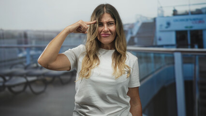 Fototapeta premium Woman points finger to temple at ship railing near boarding ramp in terminal building; frustration travel stress.