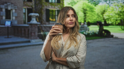 Fototapeta premium Woman holds takeaway coffee cup in one hand near face, eyes closed and sniffing steam while standing before a building entrance; contemplation.