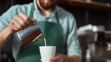 Man is pouring milk into a cup