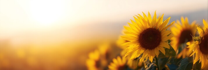 Obraz premium Field of sunflowers with a bright yellow sun in the background