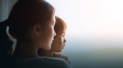 Woman and a child are looking out a window