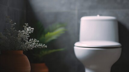 White toilet is in a bathroom with a plant next to it