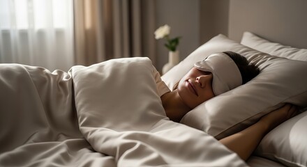 A serene woman sleeping peacefully in a cozy bedroom with a white eye mask