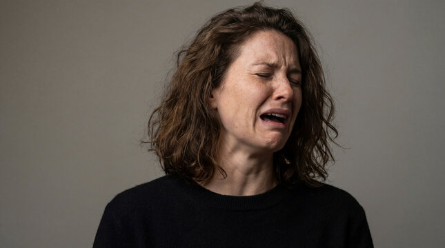 Crying Woman Expresses Deep Sorrow, Emotion, or Grief in Studio Portrait