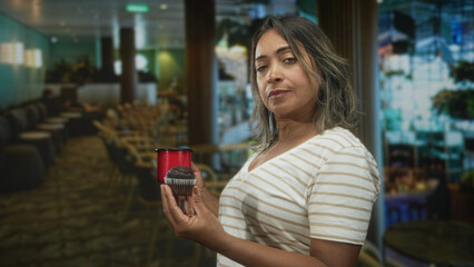 Woman holds red cup and chocolate muffin in hand and tilts chin upward while gazing toward camera...