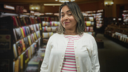 Middle age woman tilting head with eyes closed, striped shirt and cardigan, standing by bookshelves in bookstore building  serenity reflection. © Krakenimages.com