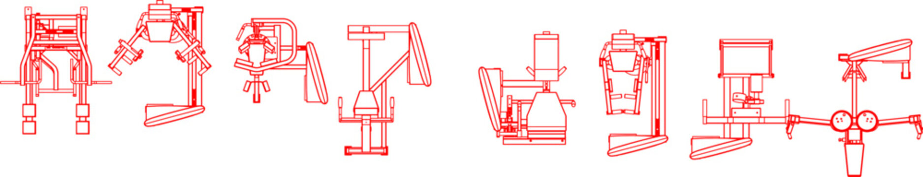 Professional gym strength training machines featuring leg press, hack squat, and smith machine in side elevation view plans.