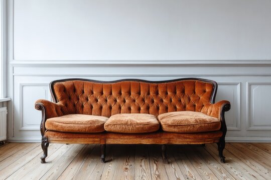 Ornate antique sofa upholstered in rich orange velvet rests against a pale paneled wall
