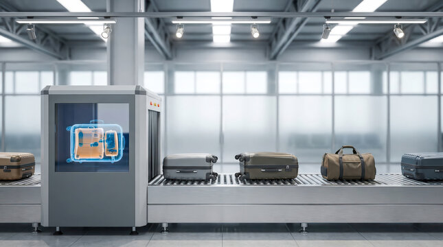 The security checkpoint at the airport terminal features a conveyor belt carrying luggage, while scanning equipment works diligently during the bustling travel season