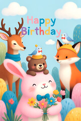 Fototapeta premium Cute Forest Friends Happy Birthday Card Illustration. Adorable Pink Bunny with Flowers, Deer, Bear and Fox. Whimsical Pastel Nursery Wall Art and Kids Party Invitation Design for Toddler Celebration.