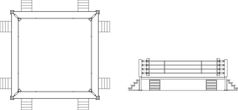 Professional boxing ring and combat sports arena equipment featuring top view plan and side elevation view for gym design.