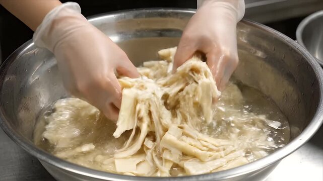Close Up Hands Washing Thin Sliced Tofu in Water Filled Stainless Steel Bowl with Gloves On in Bright Lit Food Prep