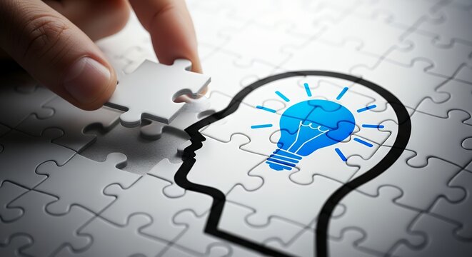 A hand placing the final piece of a jigsaw puzzle forming a human head with a lightbulb symbolizing an idea