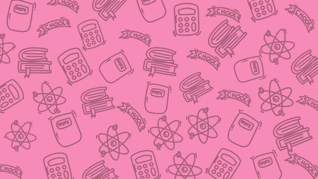 Seamless pink background pattern featuring hand drawn science and math icons including calculators books and atom symbols ideal for education designs back to school graphics and stationery.