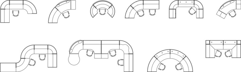 Comprehensive modular office furniture set featuring curved desks, circular workstations, and creative floor plan symbols. © Riki